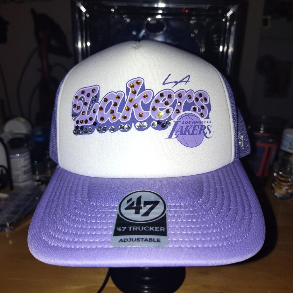 Lakers Luminance  Trucker Hat Snap Back With Custom Bedazzle Lakers Logo Done By